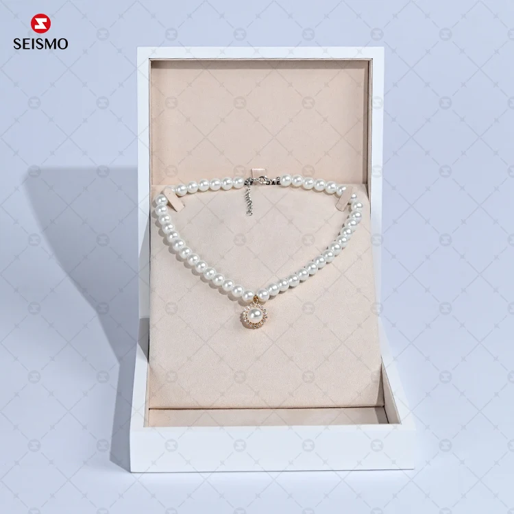 Custom Beige Soft Leather Velvet Large Big Luxury Pearl Necklace Set Display Jewellery Gift Packaging Boxes