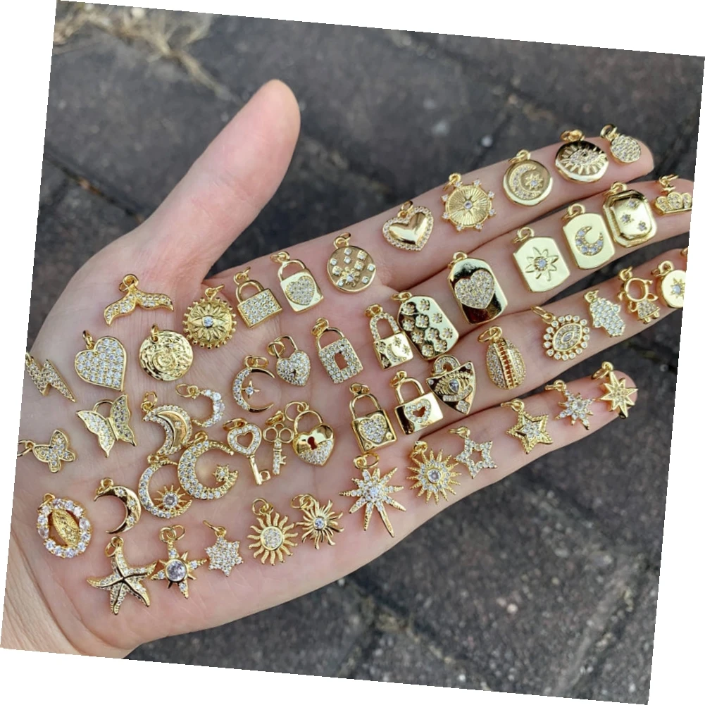 Mini 18k Gold Small Clear CZ Heart Star Moon Crescent Charm,Tiny Minimal Zircon Cubic Zirconia Crab Animal Charms