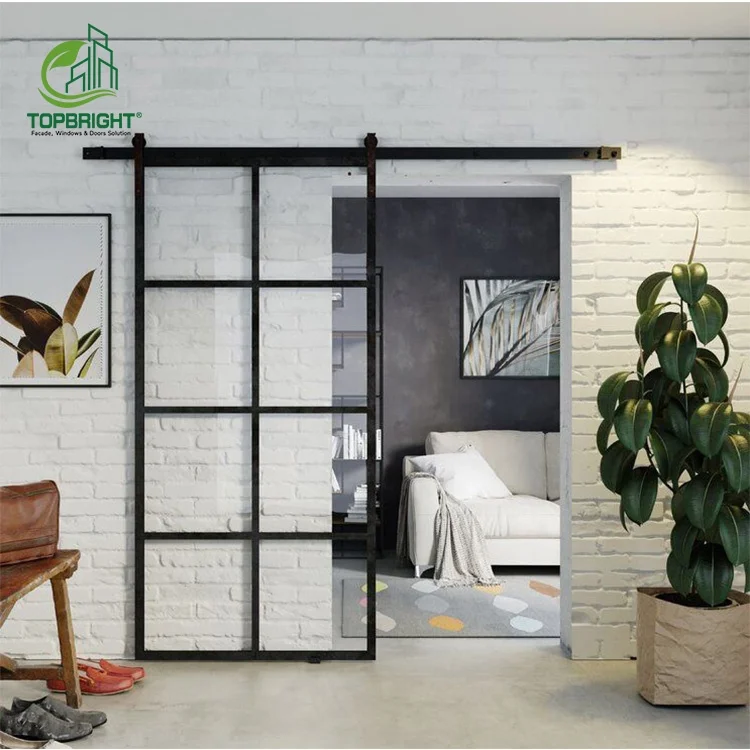 Современная направляющая для дверей сарая Раздвижная стеклянная Звуконепроницаемая интерьерная черная дверь в деревенском стиле