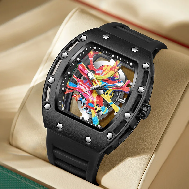 Sports Watch for Men Colored Hip Hop Dial Silicone Strap Stainless Steel Case Fashion Quartz Wristwatch Waterproof 3bar