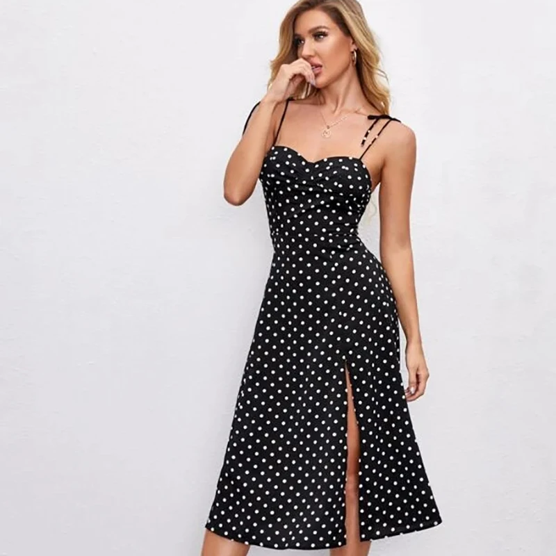 Women Midi Dress Casual Dresses Simple Factory Wholesale Polka Dot Spaghetti Strap Sleeveless Sexy Summer Split Thigh Polyester
