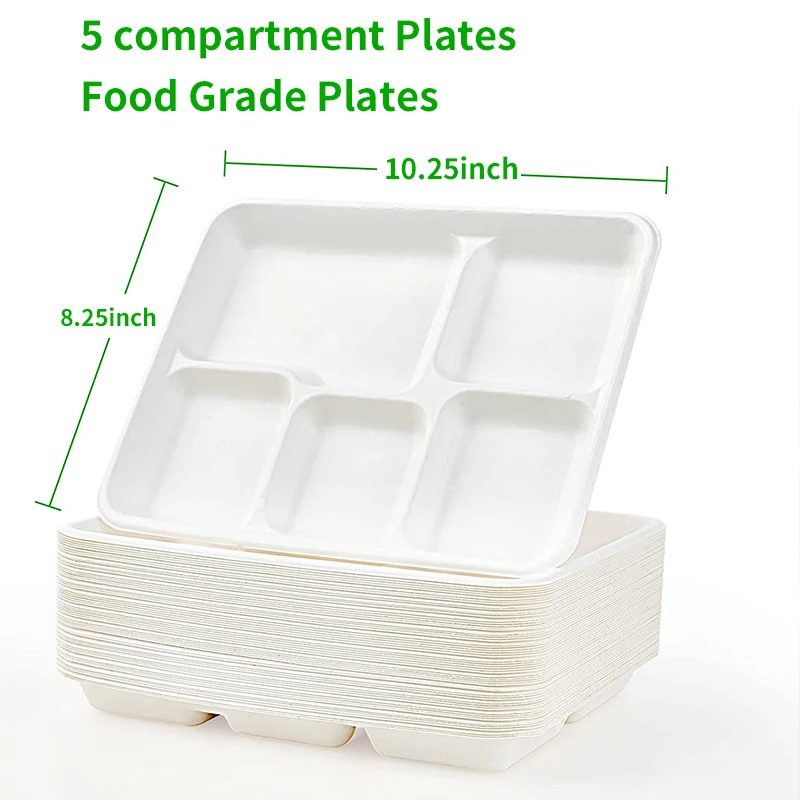 10.25inch 5 Compartment Biodegradable Sugarcane Bagasse Disposable Hospital School Lunch Paper Pulp Tray