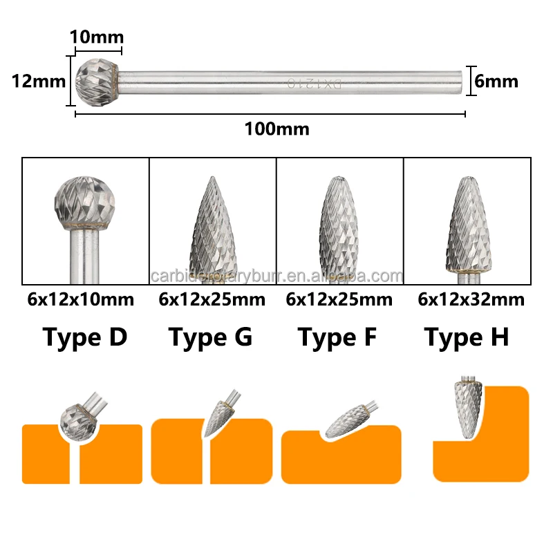 5pcs 12mm diameter 6mm Shank Double Cut tungsten carbide  files burrs 1/4 inch  rotary carbide burr set long
