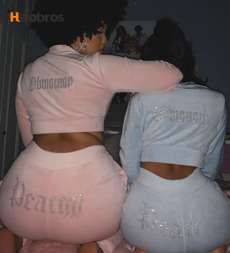 2020 Custom Reflective Rhinestone Slim Fit Velour Tracksuits Jacket and Jogger 2 Piece Set for Women Tracksuits