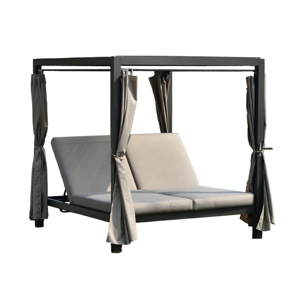Adjustable Outdoor Rust-Proof Steel Lounger with Canopy and Cushions for Pool Garden Hotel-Rattan and Metal Material