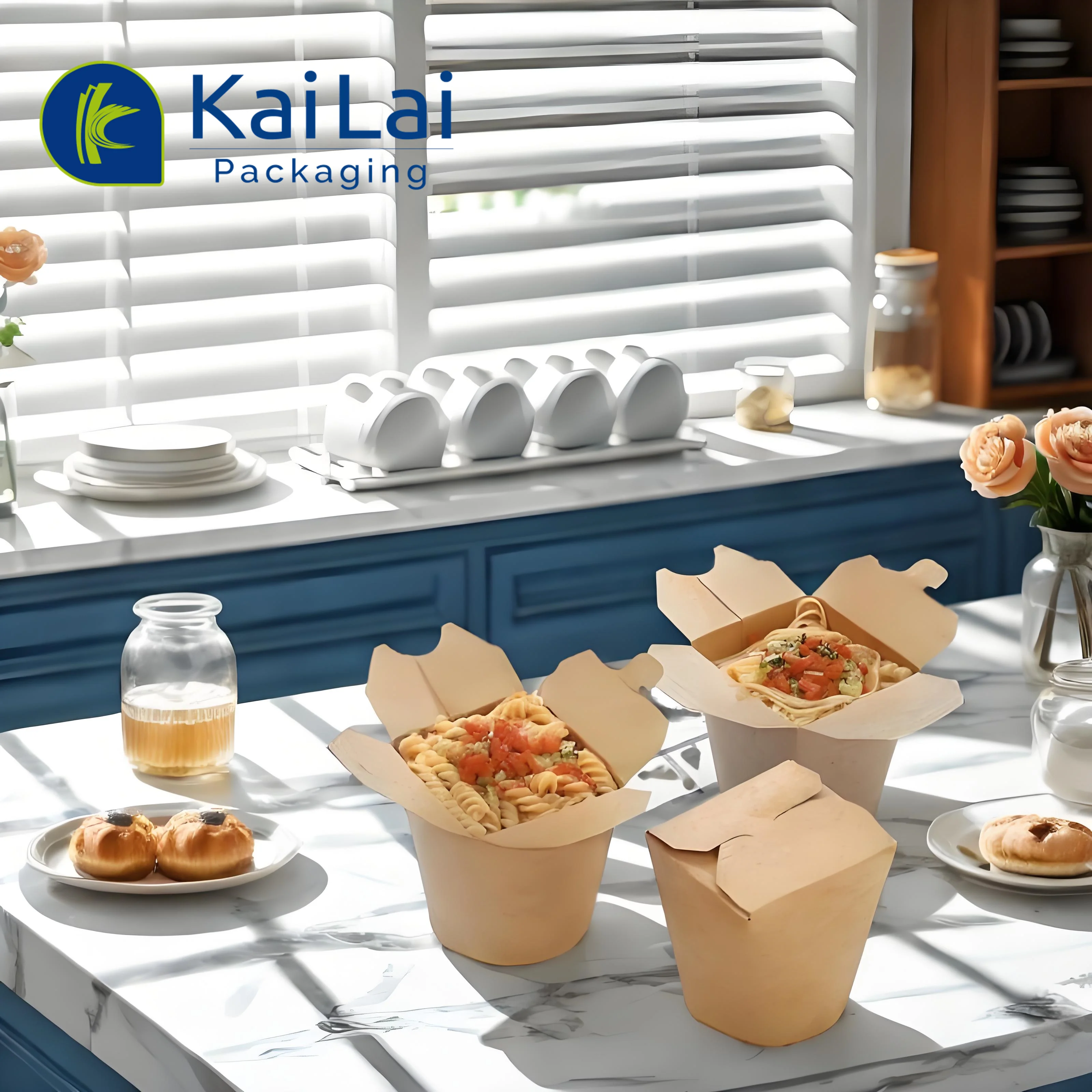 Custom Recycled Biodegradable Disposable Rice Pasta Food Container Noodles Takeaway Packing Box 16oz Kraft Paper Box for Noodles