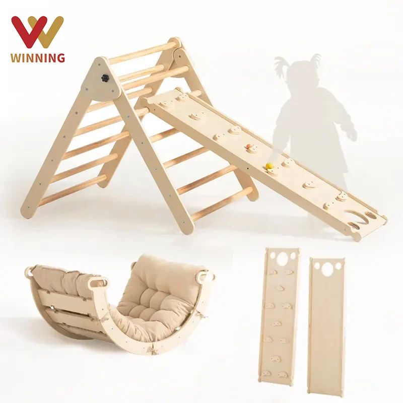 Children Montessori Wooden Climbing Triangle With Rocking Arch Ramp Triangulo Piklers Kids GYM Foldable Pickler Triangle Set