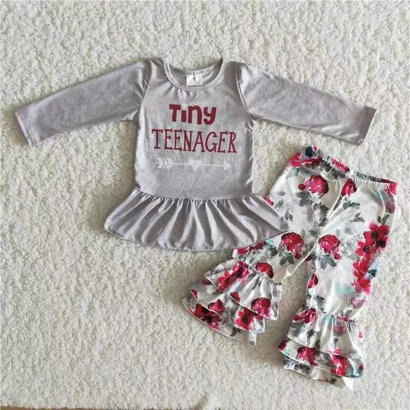 6 B12-17 Summer girls clothing Boutique children clothes Gray lace top tiny printed lace pants Wholesale baby clothes