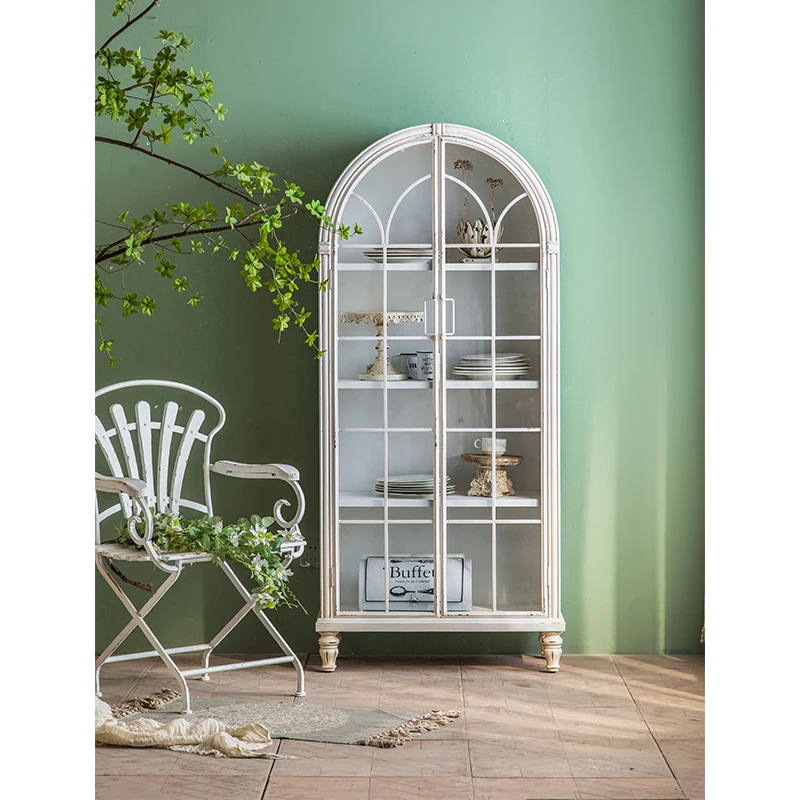 Accent French Furniture Light Simple White Living Room Modern Retro Arched Oak Storage Cabinet With Glass Door