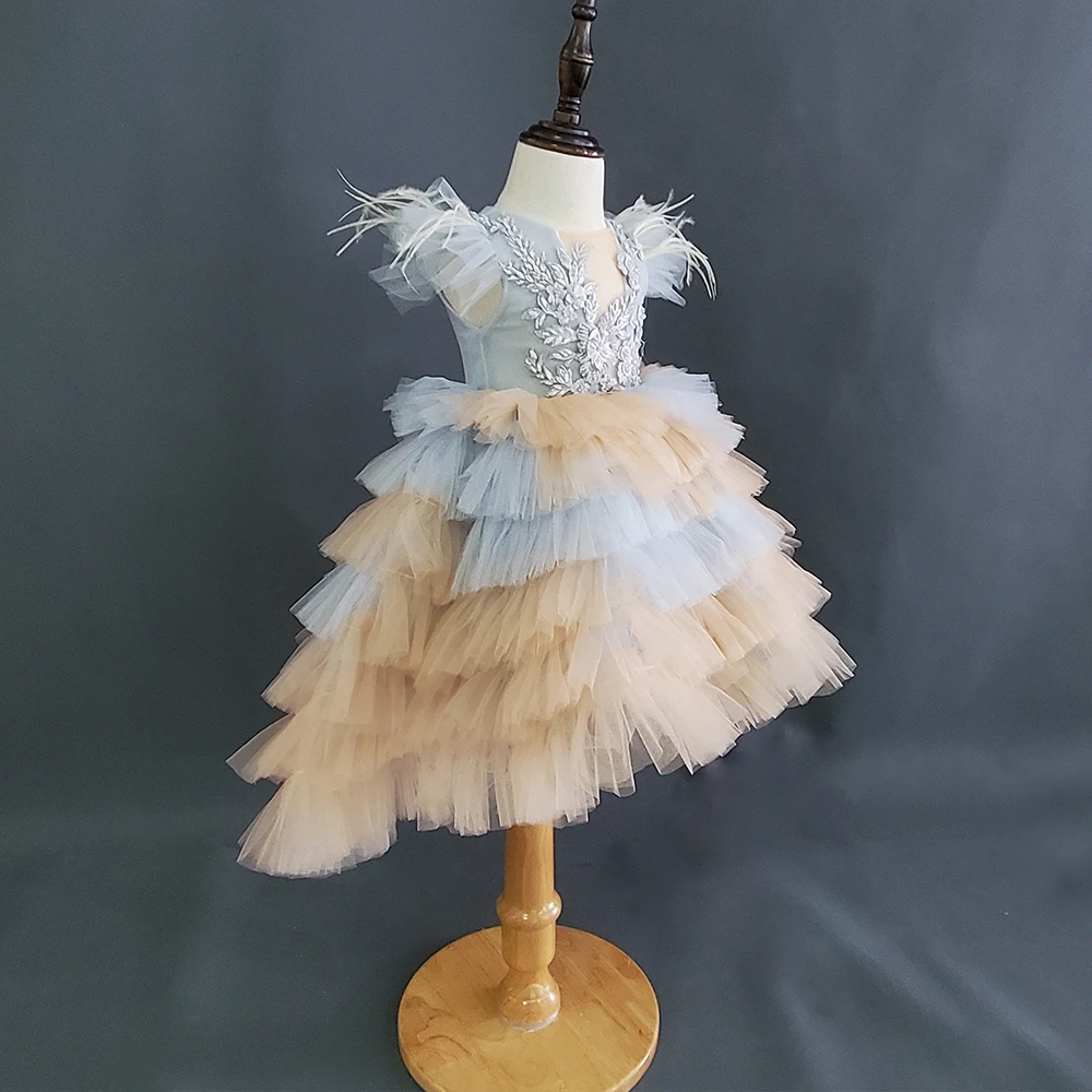 2021 Hot Seller White Feathers Birthday Party Princess Baby Flower Girls Dresses