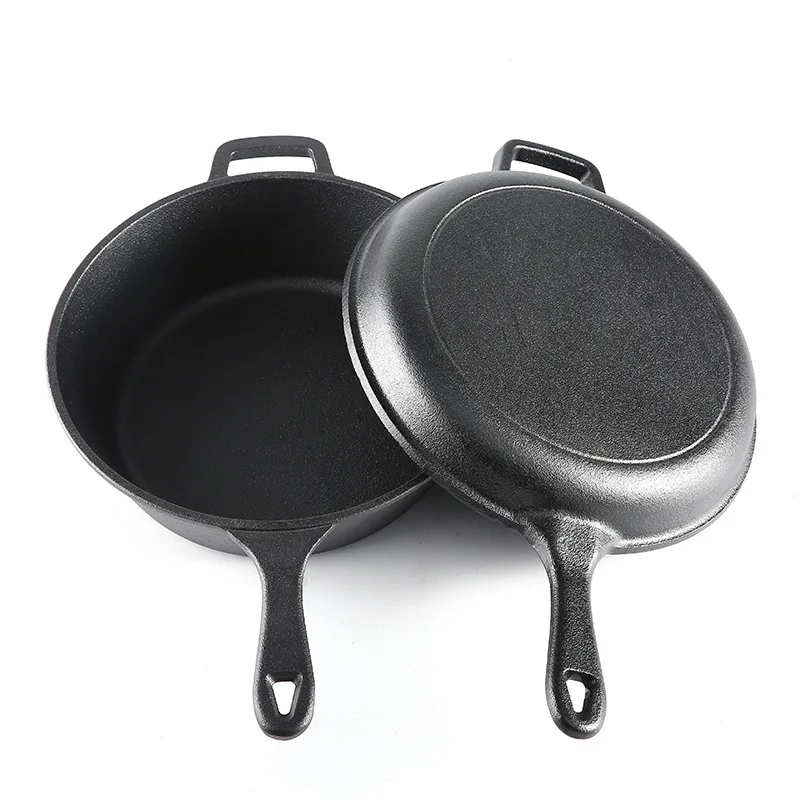 Cast iron outdoor cookware set 2 in 1 double usage camp pot with grill pan as lid oil preseasoned cook set customize available