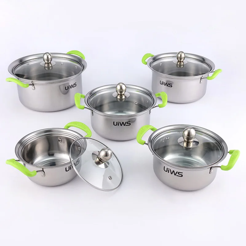 10Pcs stainless steel cookware set green handle cooking pot set kitchen pot and pan set