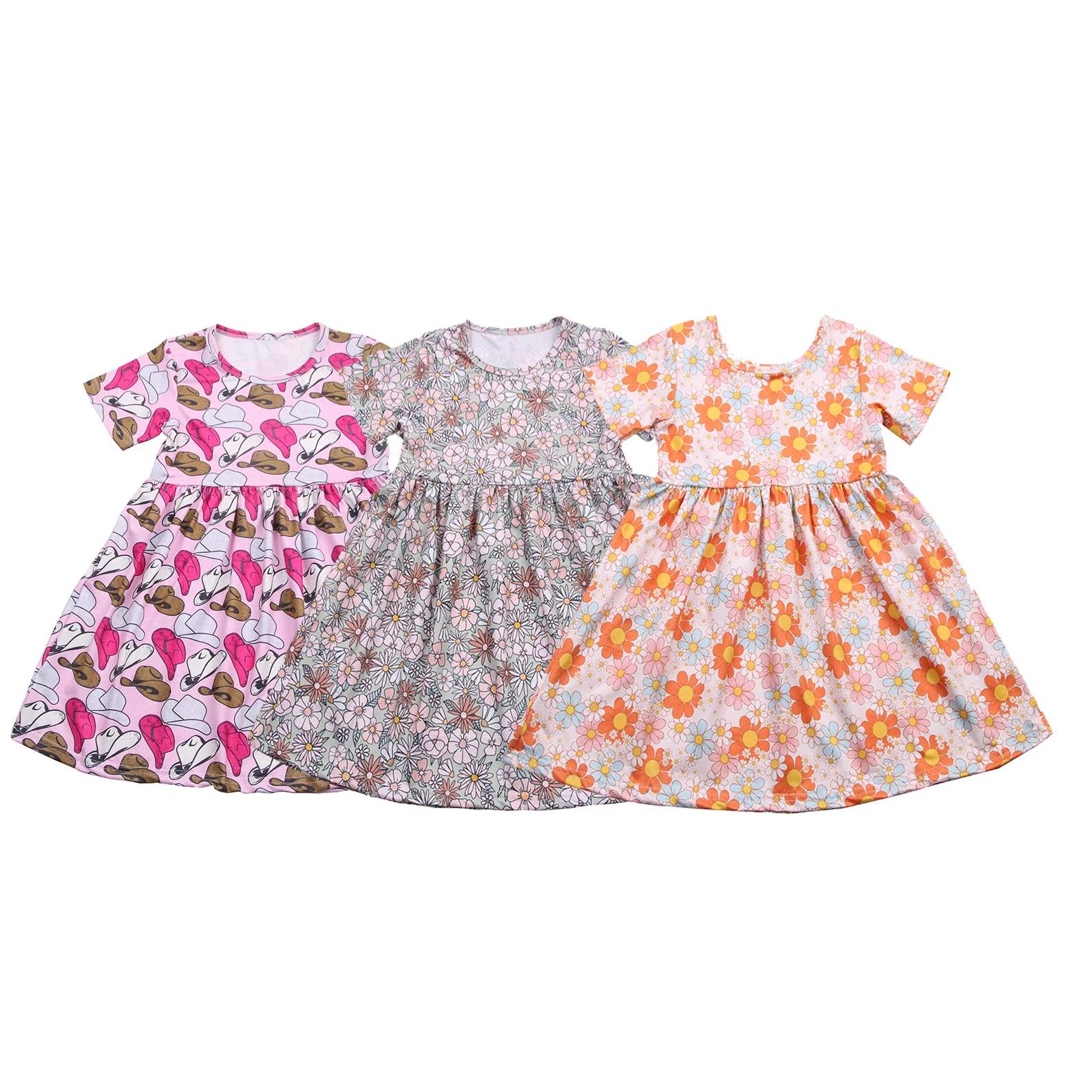 Hot Sell Sunflower Print Kids Ruffle Dress Short Sleeves Western Floral Clothing Toddler Girls Pearl Dresses Fashion Clothes
