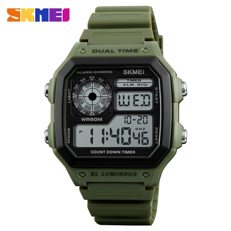 1299 skmei hot sale 50M Waterproof  Plastic Wrist Watch Retro Square  Multifunction Clock digital watches men