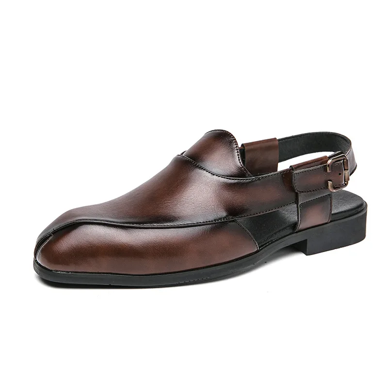 2024 popular new casual leather shoes British lazy slip on loafers closed-toe men buckle straps summer flat sandals