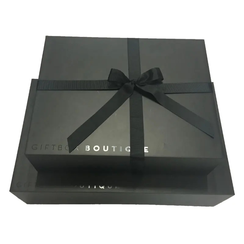 Matt Black Cardboard Foldable Gift Box With Black Ribbon Spot Glossy Logo Magnetic box