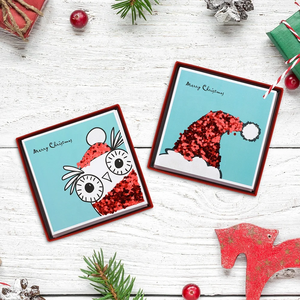 
Wholesale Red Chunky Glitter Cards, Shiny Santa Hat Christmas Boxed Cards 