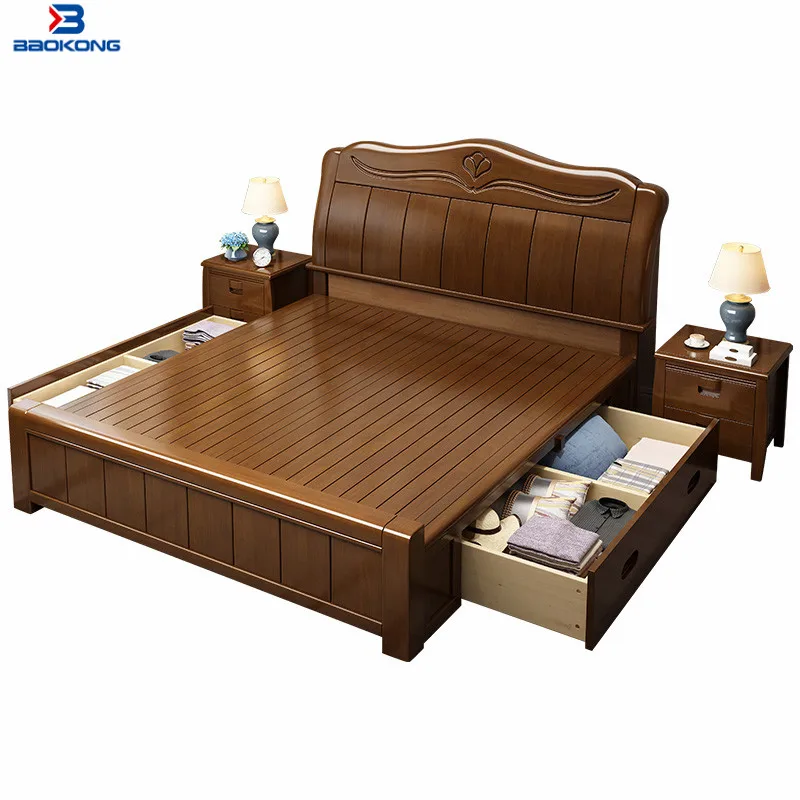 Space Saving Hotel Storage  Wooden Bed With Two Drawers