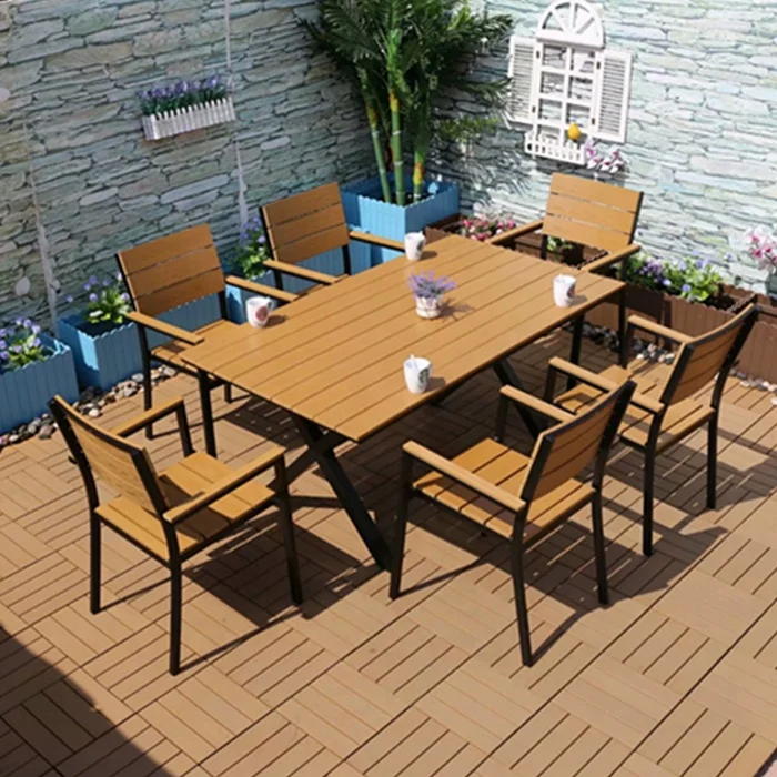 
New style Patio FurnitureEnvironmental Protection Material Teak color Composite Wood and Plastic Garden Table and 6 Chairs 
