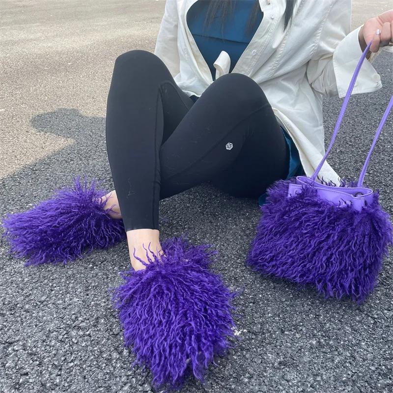 Fashion Fall Winter  Fur bag Slides slippers set Purse And Handbag Women Outdoor Fluffy  Mongolian Fur bag