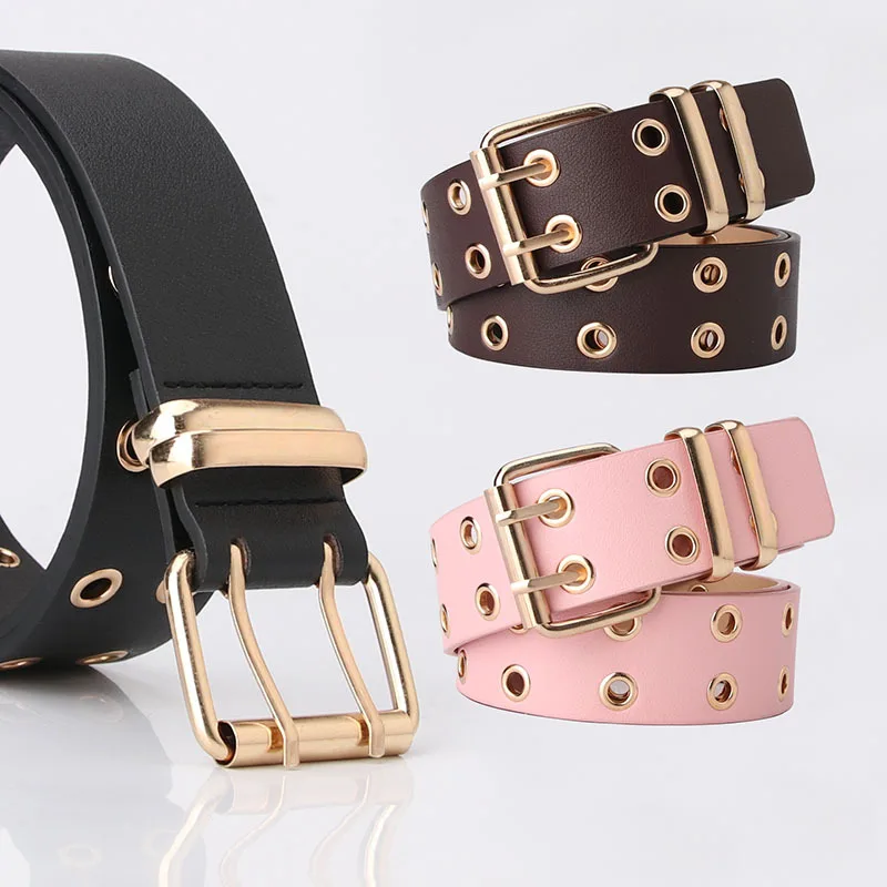 New Design Wide Waistband Double Grommet Hole Buckle Leather Belt Female Male Waist Strap Belts for Women Men Jeans