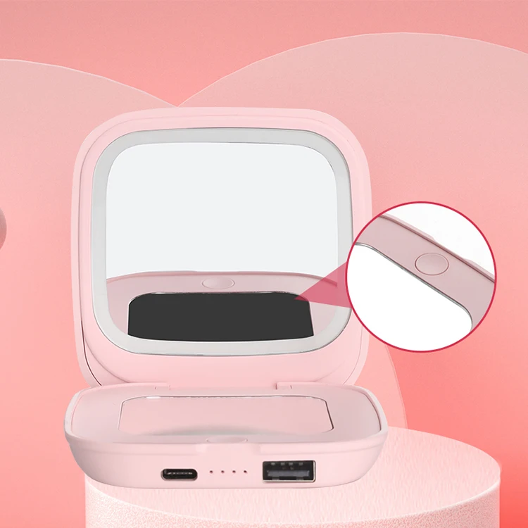 Производство на заказ, квадратные Розовые складные компактные зеркала для туалетного столика, светодиодные лампы по краю с подсветкой