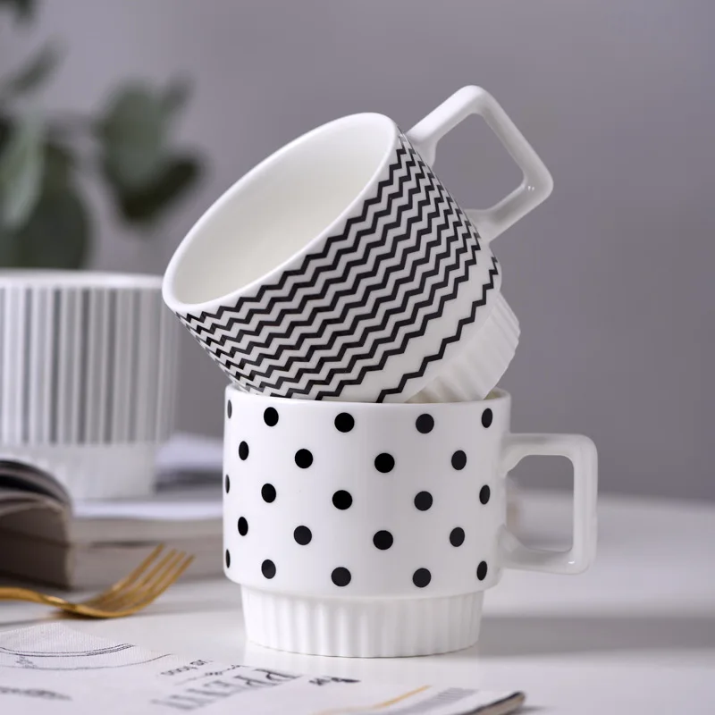 Nordic Porcelain Polka Dot Geometric Mug Hepburn Style Black and White Printing Drinkware Gift Ceramic Stacking Coffee Mugs Cup