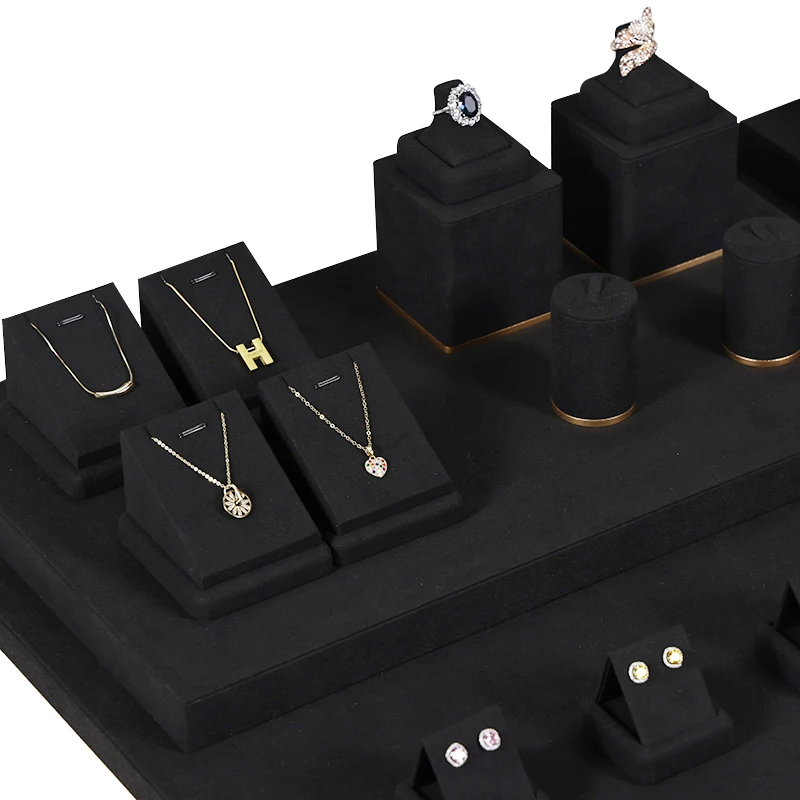 Jinsky black microfiber jewelry display props ring display stand earring holder ring trays jewelry stand with metal base