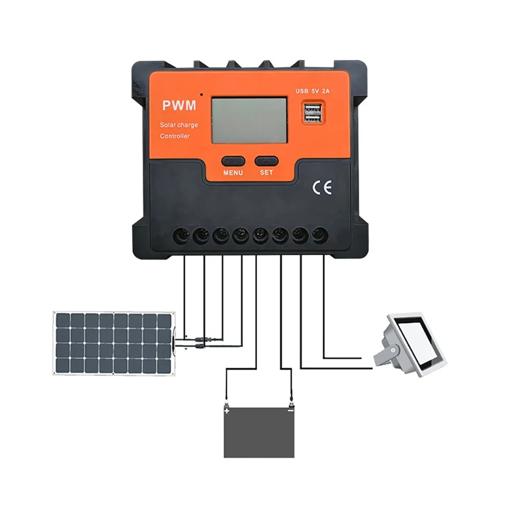 10A/20A/30A/40A/50A/60A PWM контроллер солнечного заряда 12V/24V солнечный регулятор зарядное устройство ЖК-дисплей двойной USB