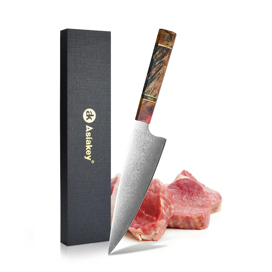 Professional Kitchen Knives Chef knife Damascus Steel Octagonal Stabilized Wood Copper Ring Handle Oil painting Style with Boxes
