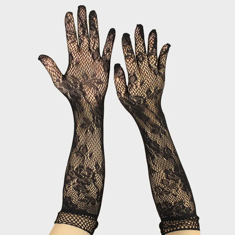 Sexy Woman FishNet Gloves Transparent Lace Black Gloves Elastic Bride Long-sleeve Mesh Liturgy   jacquard  for Women