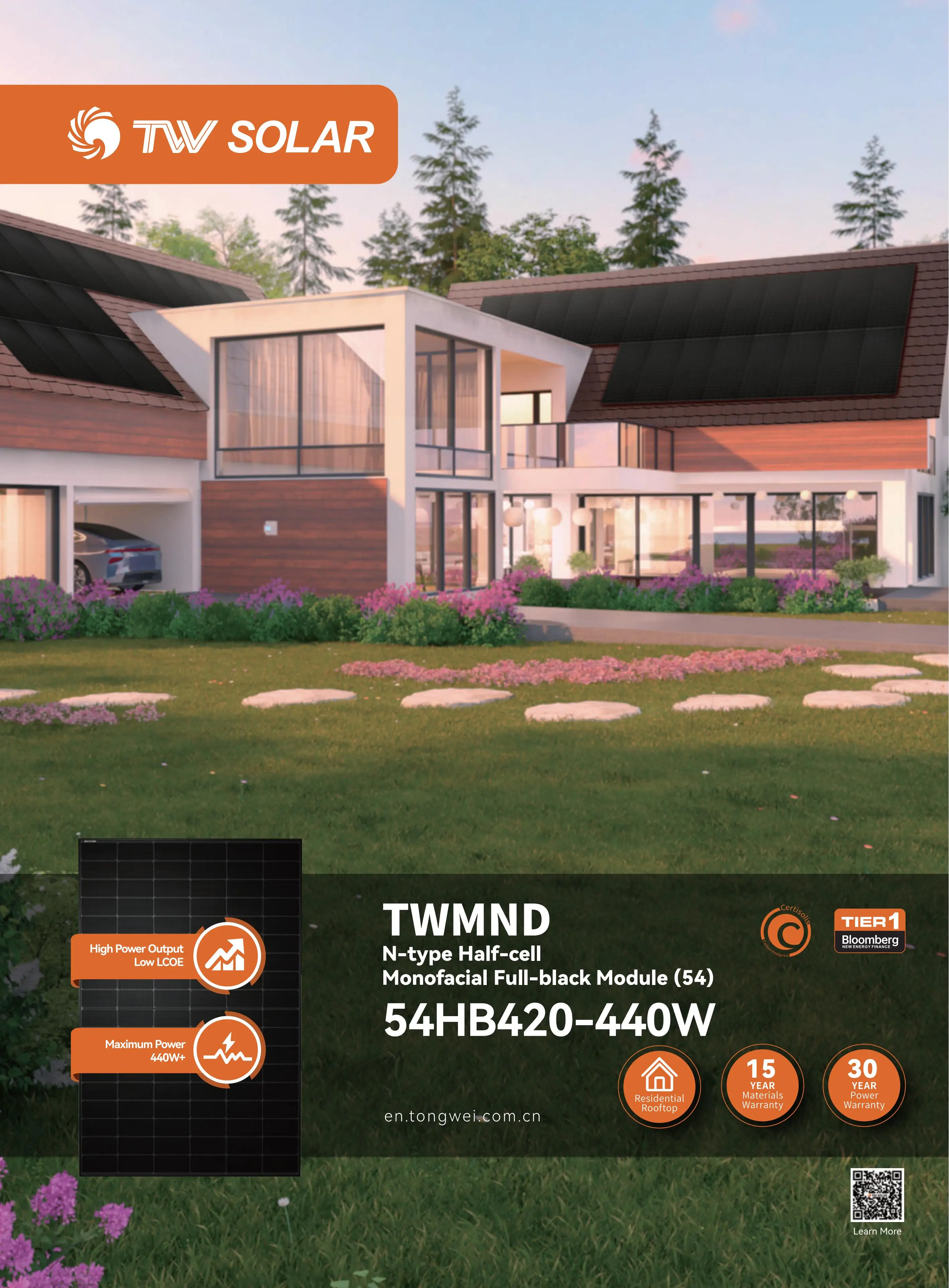 Tongwei TWMND-54HB полностью черный Солнечный модуль 420 Вт 425 430 435 440 TW Zonnepanelen фотоэлектрическая панель