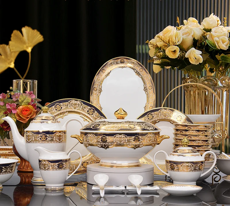 golden 98 pcs luxury gold ceramic porcelain royal kitchen dark blue color beautiful dishes & plates for dinner set