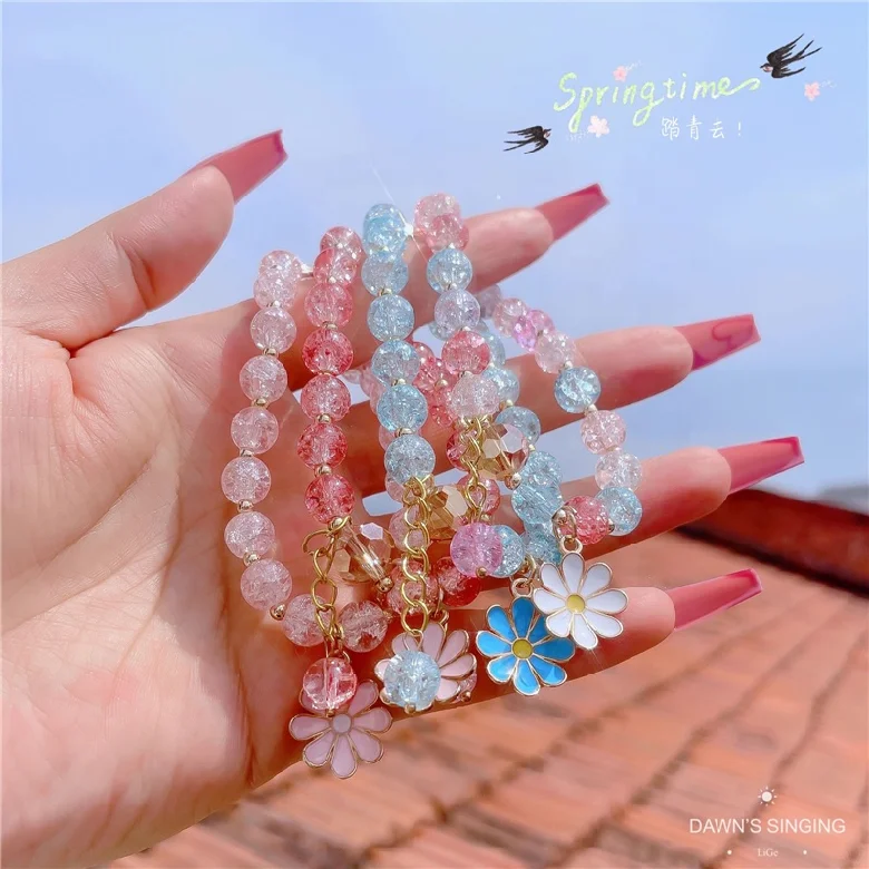 Bohemian Handmade Stretch Rope Beads Pink Resin Daisy Flower Charm Bracelet Jewelry Beaded Shiny Crystal for Women Girls Alloy