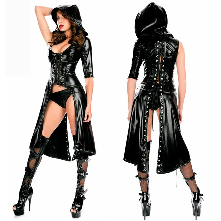 Patent leather cloak tights gilded sexy lingerie dashing queen dress female use sexy wind coat