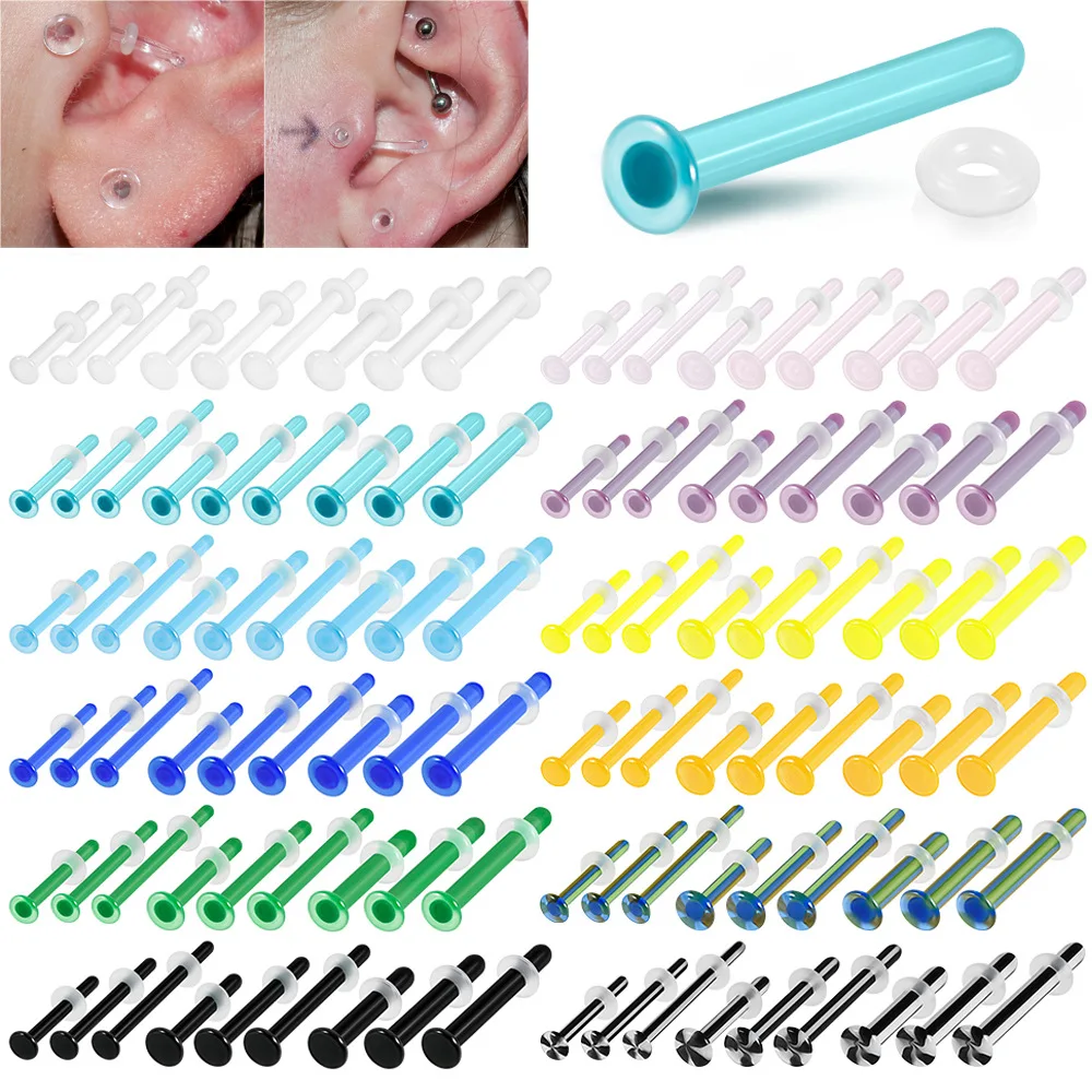 NUORO 14/16/18G Glass Colorful Nose Studs Clear Bioflex Retainer Glass Straight Holder Nose Pin Piercing Jewelry for Women Men