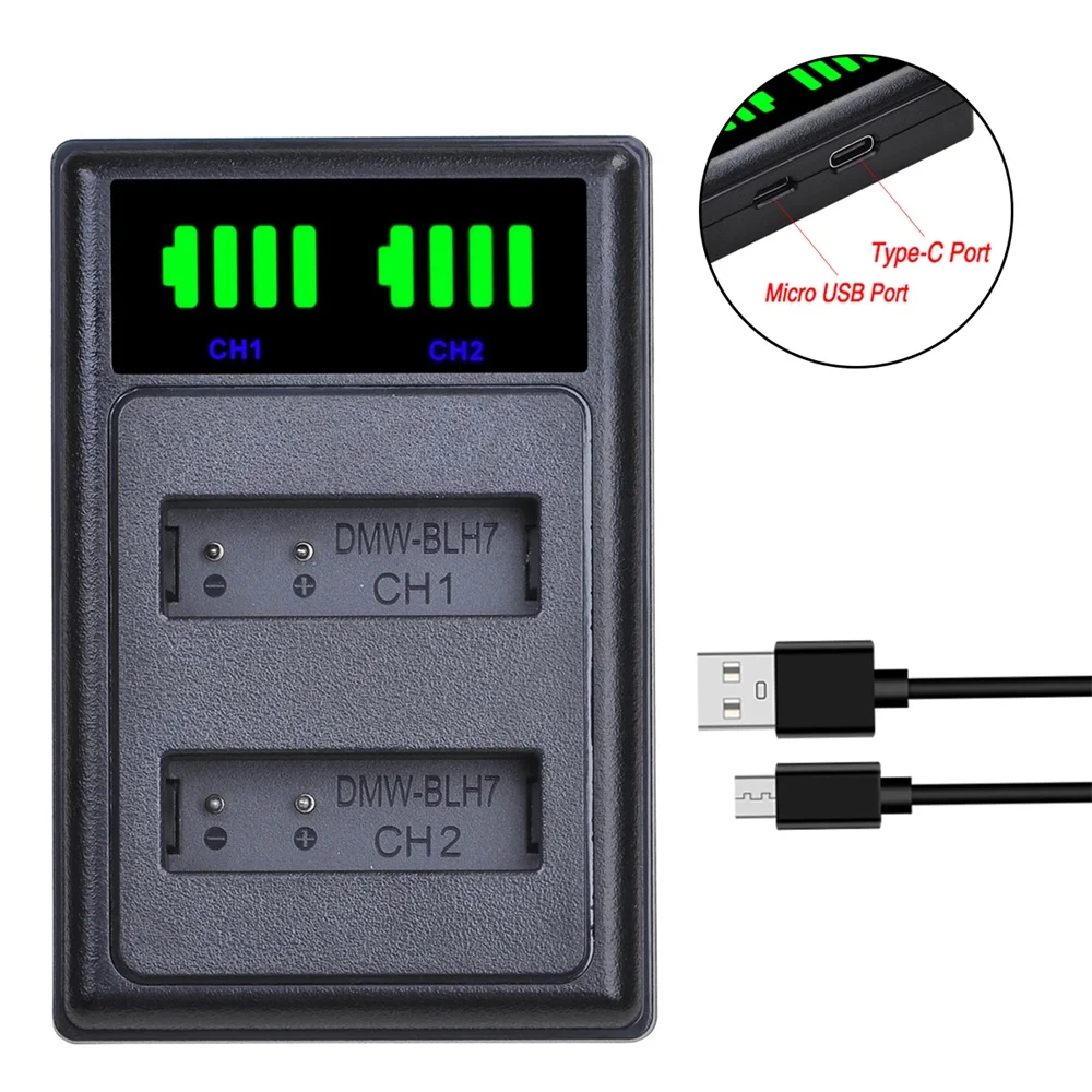
DMW-BLH7 LED USB Dual Rapid Battery Charger for Panasonic Lumix DMC-GM1 DMC-GM5 DMC-GF7 DMC-GF8 