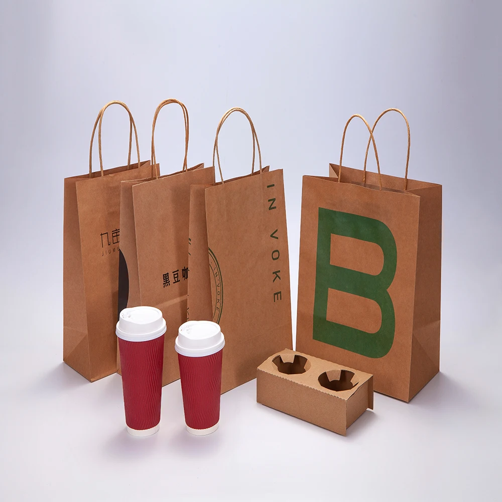 Wholesale Custom Logo Printing Drink Take Away Kraft Paper Bag Milk Bubble Tea Packing Bag