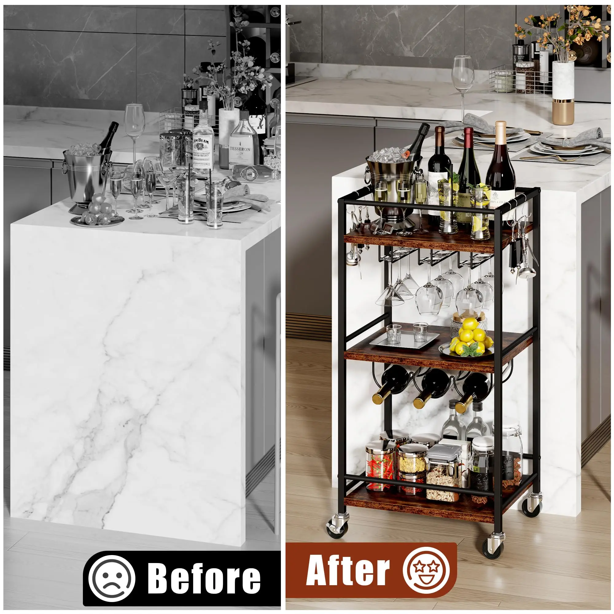 3 Tier Utility Service Cart Fruit Storage Baskets Rack for Industrial Island Food Trolley with Handle Rolling Storage Carts