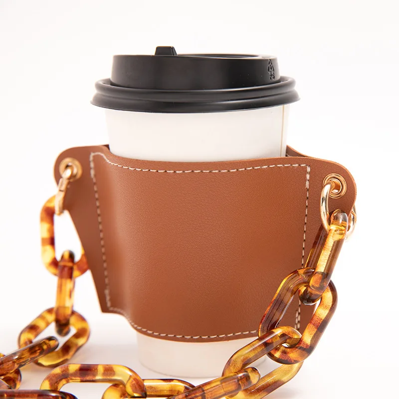 New Acrylic Chain Coffee Cup Cover Pu Leather Accompanying Cup Portable Anti-scalding Heat Insulation Tea Cup Protective Cover