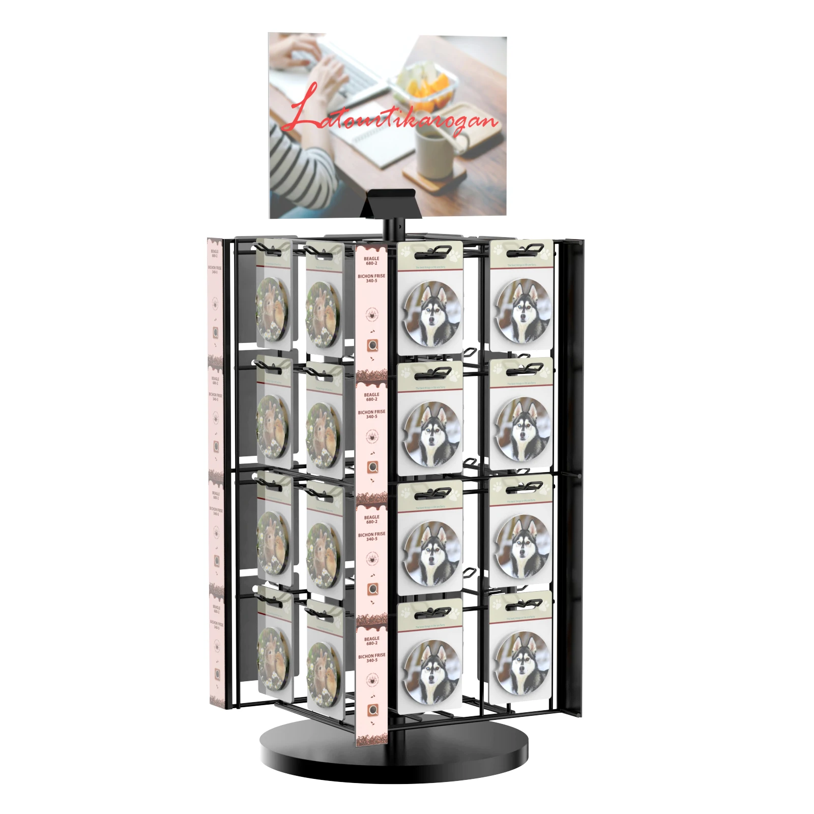 4-Sides Retail Rotating Metal Wire Car Coaster Counter Display Stand with 32 Hooks