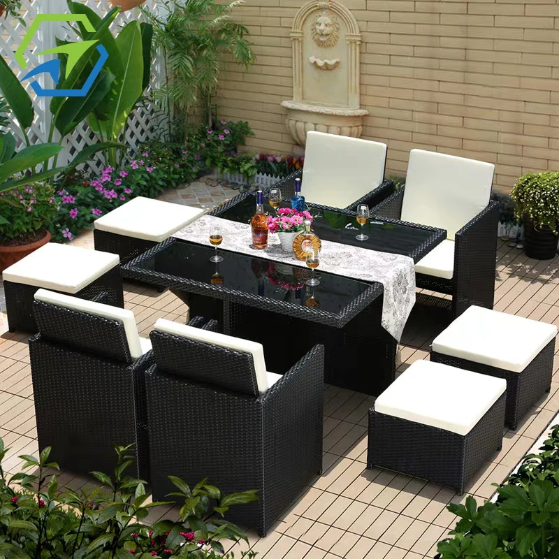 Hot Sale Exclusive Outdoor Poly Rattan patio furniture dining set table and chairs with umbrella