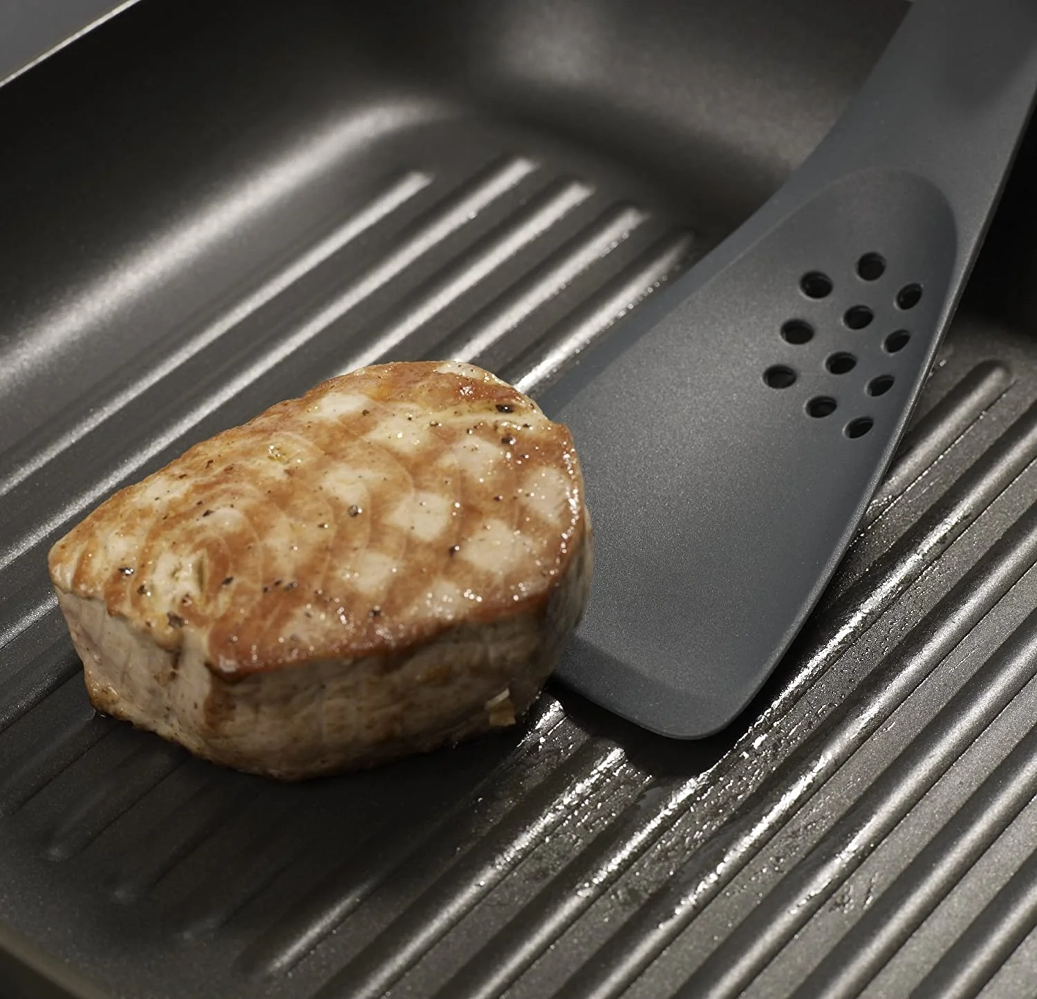 5 In 1 Kitchen Utensil Tool Slotted Solid Spoon Spatula Turner Slicer All In One Space Saving Gray Plastic Silicone Spoon