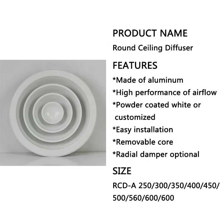 Aluminum air conditioning system circular ceiling air diffuser with detachable core