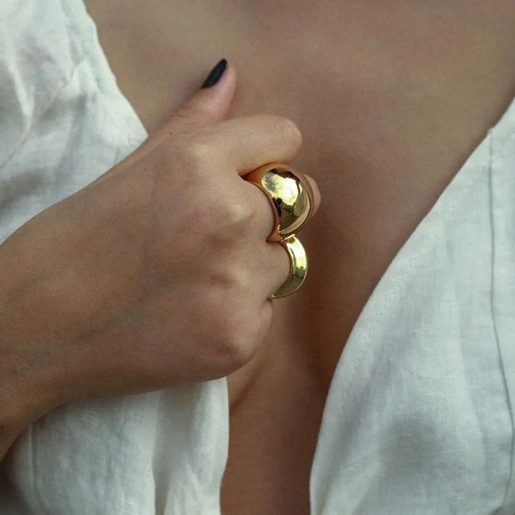 Minimalist Stainless Steel Statement Ring Engravable 18K Gold Plated Large Crescent Chunky Wide Dome Ring for Women