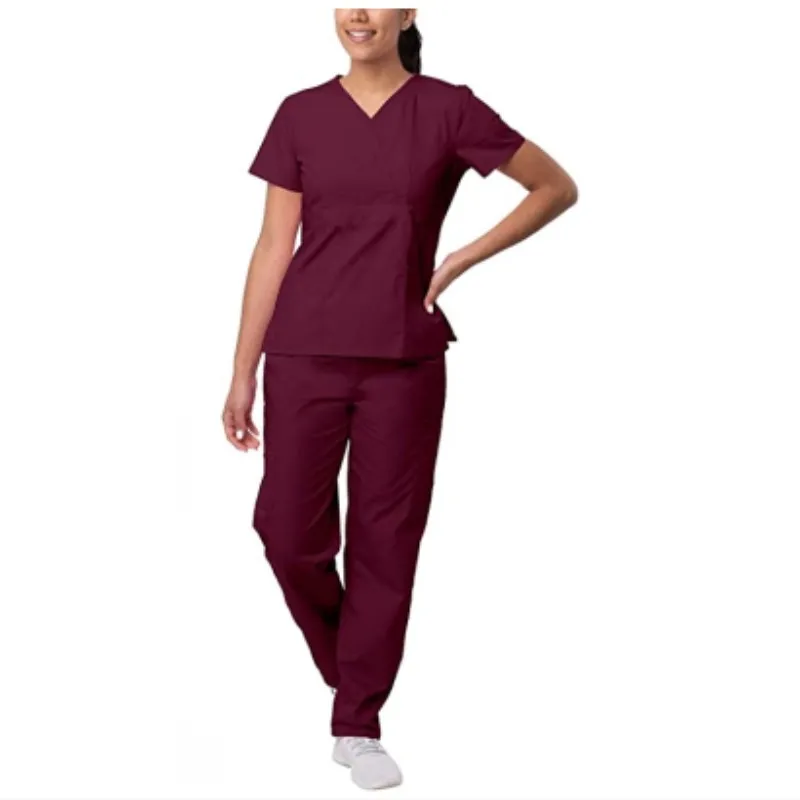 Nurse Medical Uniforms Women V-Neck Tops Vintage Fold Pants Hospital Scrub Set