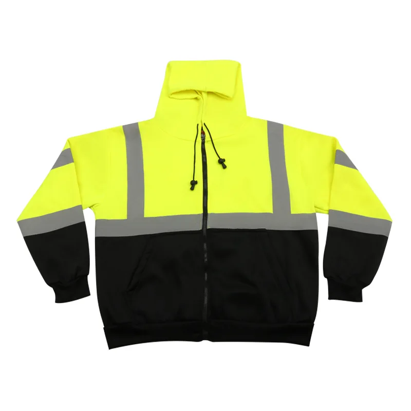 Hi Vis Safety Fleece Zip Hoodie Sweatshirt ANSI Class 3 Reflective with Black Bottom for Men  Hi-Vis Lime Zipper Sweatshirt