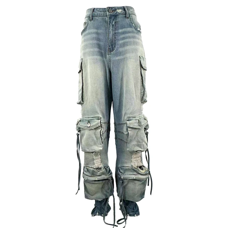 High quality women cargo pants with pockets fashion boyfriend tassel fringe baggy pants ladies vintage jeans denim pants