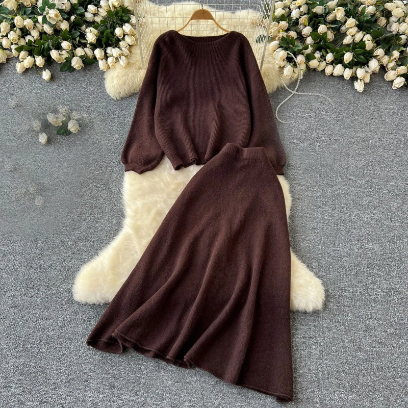 2pcs Suits Women Autumn Winter Loose Sweater+Elastic Waist Skirt Ladies Basics Knitting Two Pieces Sets