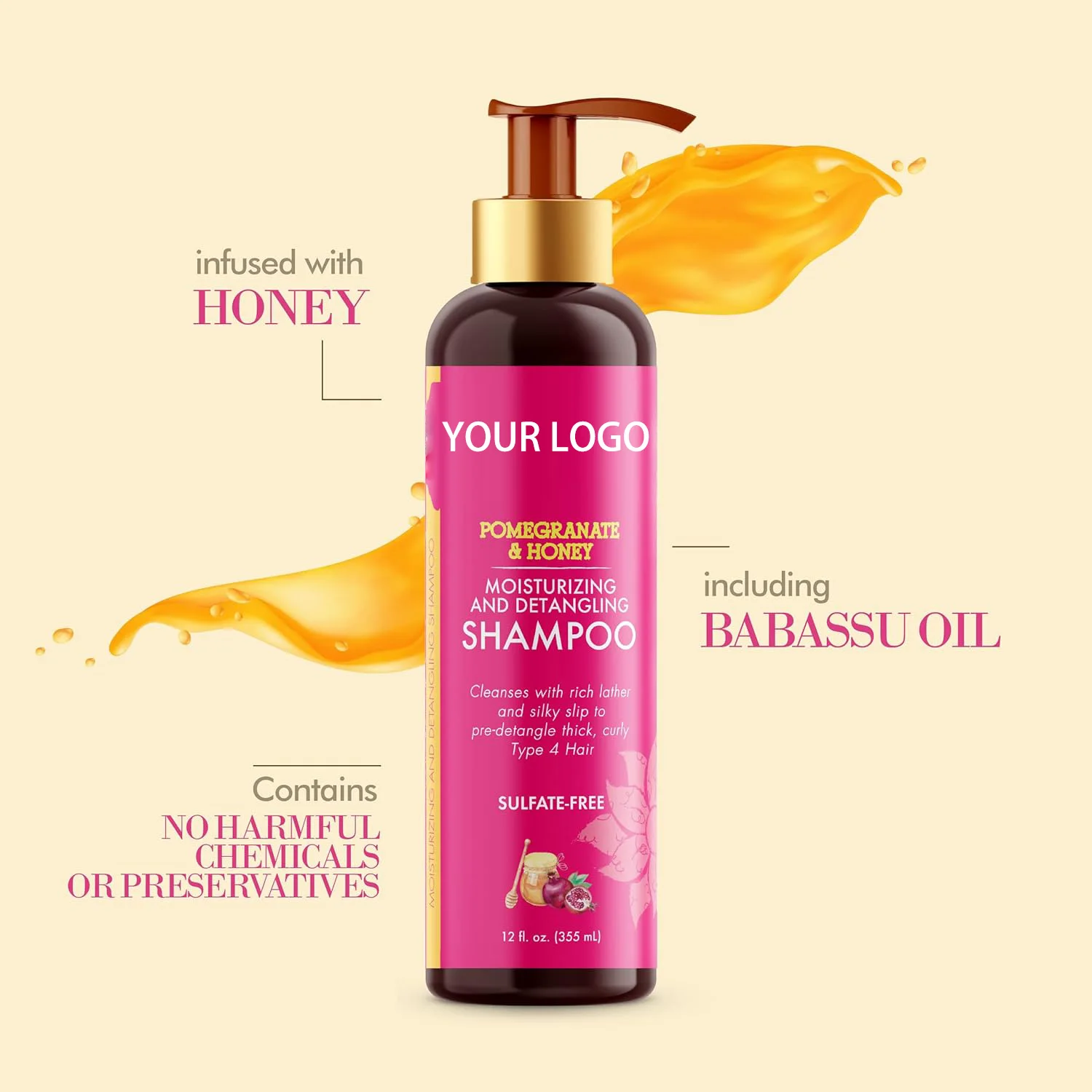 Private Label Sulfate Free Pomegranate Honey Moisturizing Hair Shampoo For Curly Hair